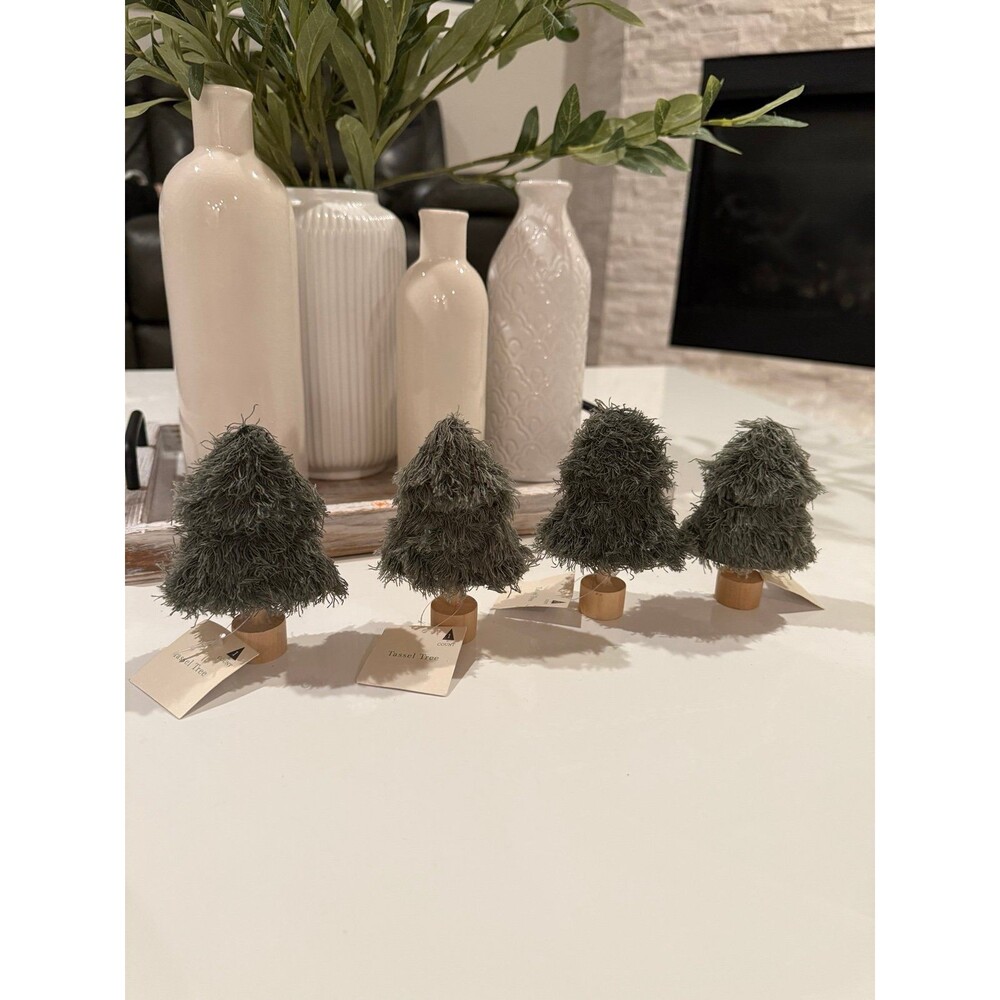 New, Set of 4 Mini Farmhouse, Green Tassel Trees 4”